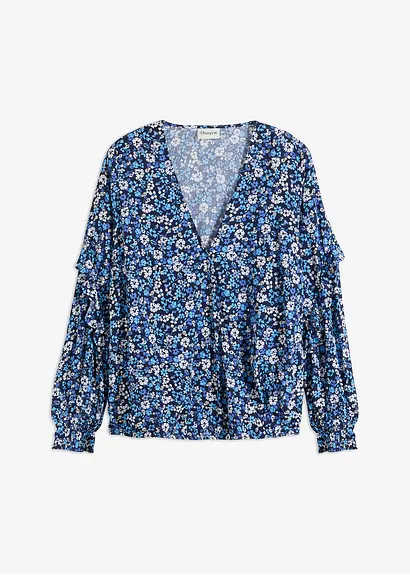 Bedruckte Bluse mit Volant in blau von vorne - bonprix