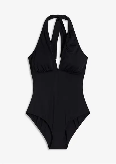 Neckholder-Badeanzug mit tiefem V-Ausschnitt in schwarz von vorne - bonprix
