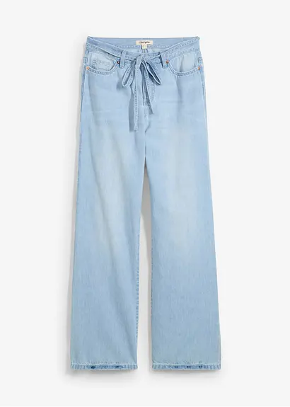 Wide-Leg-Jeans, Mid Waist, Gürtel in blau von vorne - bonprix