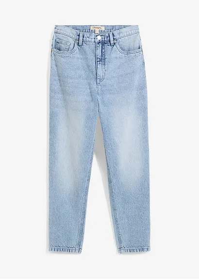 Mom-Jeans High Waist, Low Stretch cropped in blau von vorne - bonprix