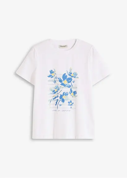 T-Shirt aus elastischem Baumwoll-Mix in weiß von vorne - bonprix
