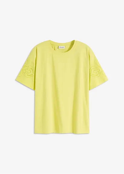 T-Shirt mit Lochstickerei in gelb von vorne - bonprix