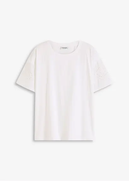 T-Shirt mit Lochstickerei in weiß von vorne - bonprix