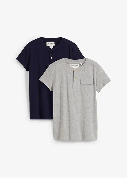 Henleyshirt mit Bio-Baumwolle, Kurzarm (2er Pack) in blau von vorne - bonprix