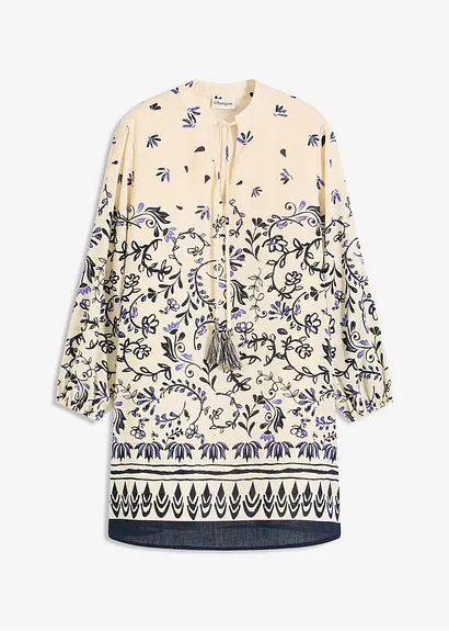 Kurzes Boho-Kleid im Leinen-Look in beige von vorne - bonprix