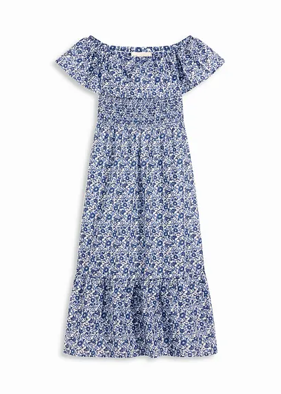 Boho-Midikleid mit Carmenausschnitt aus leichter Baumwolle in blau von vorne - bonprix