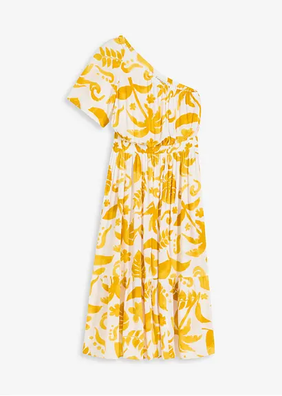 bedrucktes One-Shoulder-Kleid aus strukturierter Viskose in weiß von vorne - bonprix