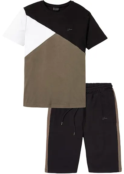 T-Shirt und Sweat-Bermuda aus reiner Baumwolle (2-tlg.Set) in schwarz von vorne - bonprix