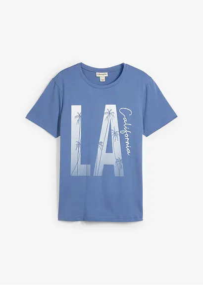 T-Shirt aus  reiner Bio-Baumwolle, Slim Fit in blau von vorne - bonprix