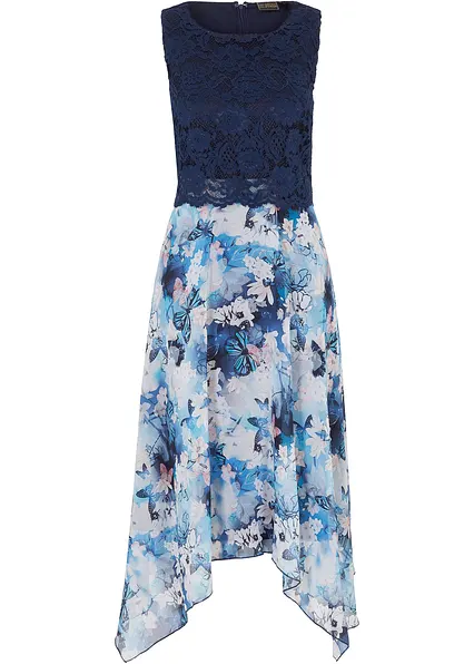 Chiffonkleid mit feiner Spitze in blau von vorne - bonprix