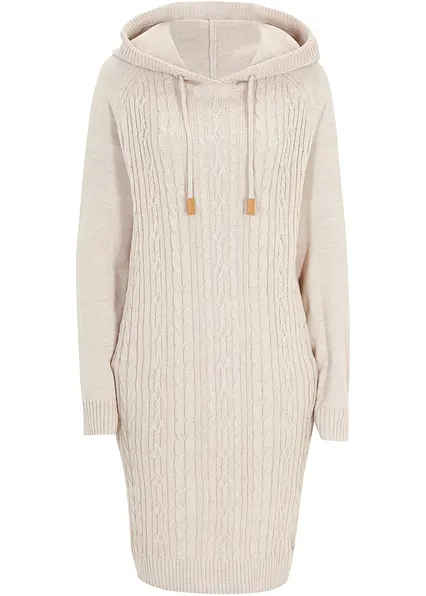 Kapuzen-Strickkleid mit Zopfmuster in beige von vorne - bonprix