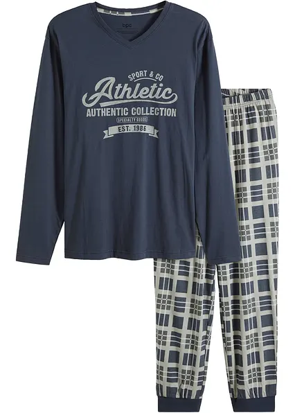 Pyjama aus reiner Bio-Baumwolle mit langen Ärmeln in blau von vorne - bonprix
