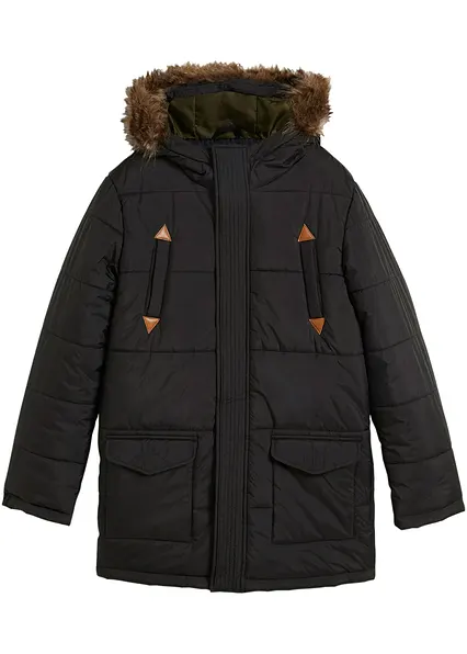 Winterparka mit Lederimitat-Details und Fellkapuze in schwarz von vorne - bonprix