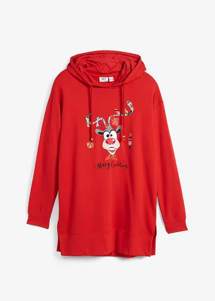 Long-Sweatshirt mit Seitenschlitz und Kapuze in rot von vorne - bonprix