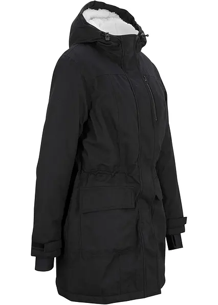wasserdichte Funktions-Parka mit Teddyfleece in der Kapuze in schwarz von vorne - bonprix