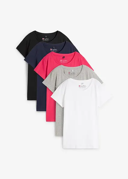Rundhals-Shirt, Kurzarm (5er Pack) in pink von vorne - bonprix