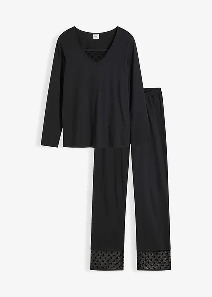 Pyjama mit zarter Spitze in schwarz von vorne - bonprix