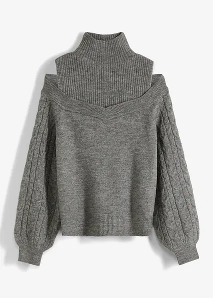 Grobstrick-Pullover schulterfrei in grau von vorne - bonprix