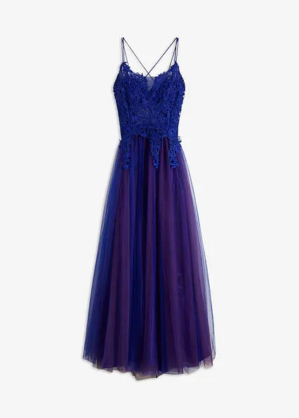 Maxikleid aus zartem Tüll mit Spitze in blau von vorne - bonprix