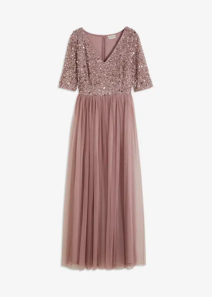 Abendkleid aus zartem Tüll mit Paillettenstickerei in rosa von vorne - bonprix