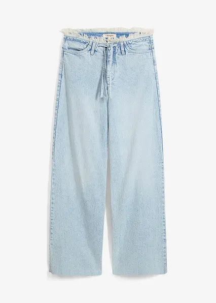 Wide-Leg-Jeans, Mid Waist, Low Stretch Fransenbund in blau von vorne - bonprix