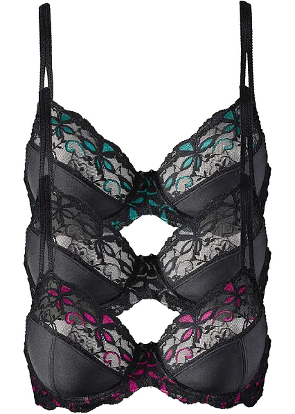 Bügel-BH mit zarter Spitze (3er Pack) in schwarz von vorne - bonprix