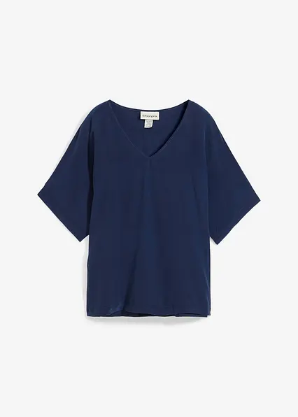 Shirt mit Seidenanteil und Webeinsatz in blau von vorne - bonprix