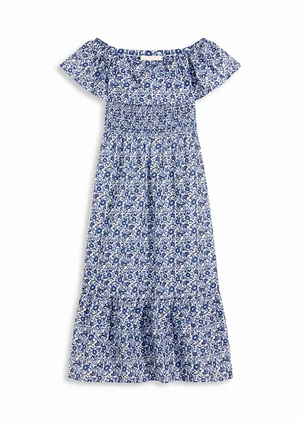 Boho-Midikleid mit Carmenausschnitt aus leichter Baumwolle in blau von vorne - bonprix