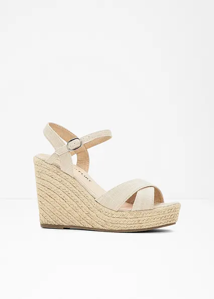 Keilsandaletten in Bast-Optik in beige von vorne - bonprix