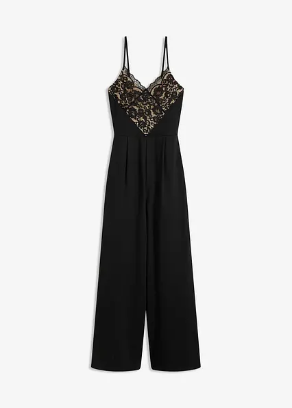Jersey-Jumpsuit mit Spitze in schwarz von vorne - bonprix