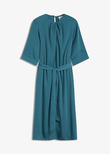 Midikleid aus glänzendem Satin in petrol von vorne - bonprix