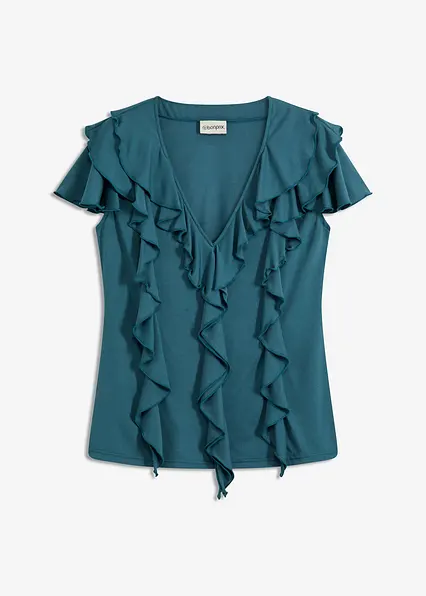 Shirt mit Volants aus softem Modal-Mix in petrol von vorne - bonprix