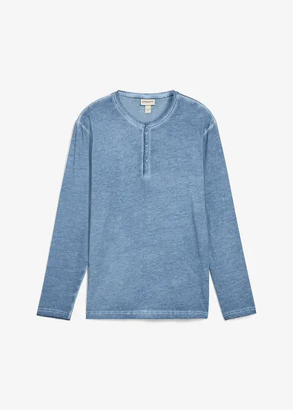 Henleyshirt, Langarm in gewaschener Optik aus reiner Bio-Baumwolle in blau von vorne - bonprix