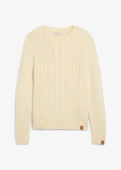 Grobstrick-Pullover mit Zopfmuster in beige von vorne - bonprix