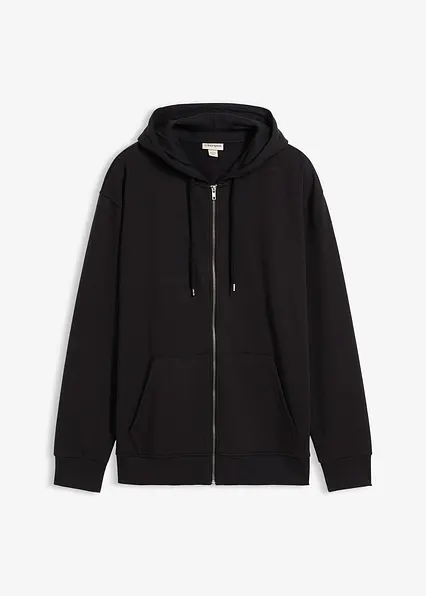 Kapuzen-Sweatjacke mit reiner Baumwolle, Loose Fit in schwarz von vorne - bonprix