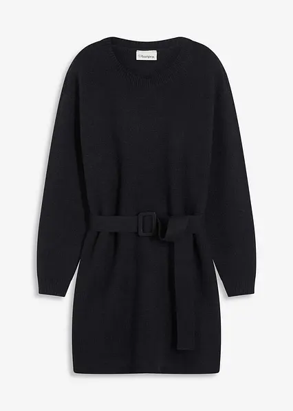 Kurzes Strickkleid mit softem Wollanteil und Gürtel in schwarz von vorne - bonprix