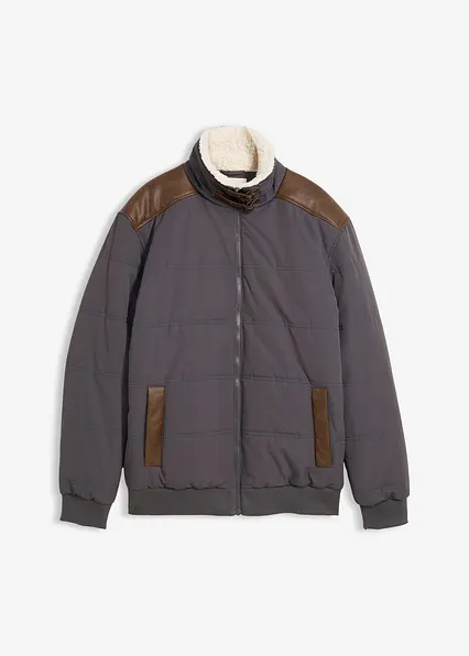 wasserabweisender Stepp-Blouson mit Lederimitat-Details in grau von vorne - bonprix