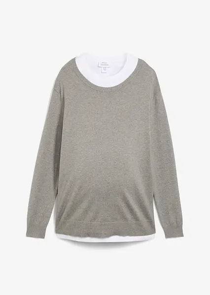 3-in-1 Set aus Umstandspullover und Stilltop aus Baumwollstrick in grau von vorne - bonprix