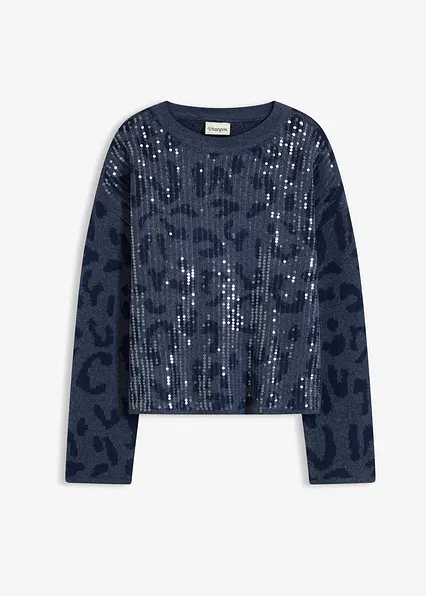 Jacquard Oversize Pullover mit Pailletten in blau von vorne - bonprix