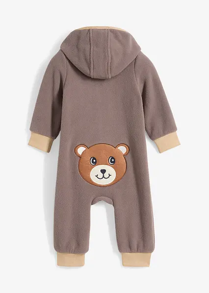 Fleeve-Overall mit Kapuze und Bärchen-Applikation in braun von vorne - bonprix