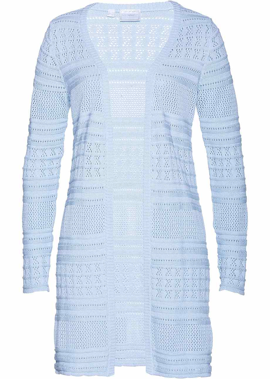 Lange Strickjacke in Häkeloptik - puderblau