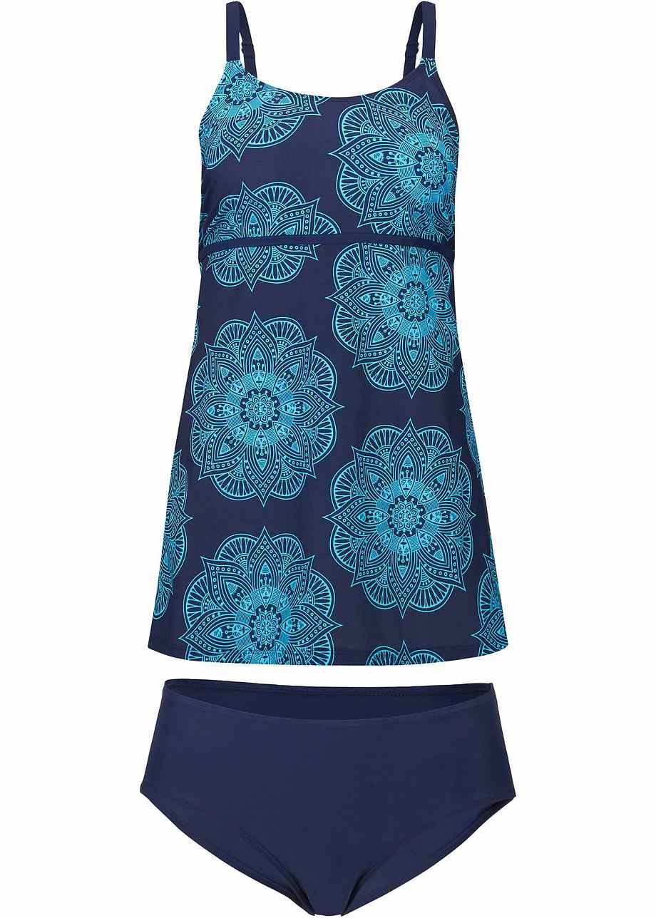 Aparter Long Tankini mit aussergewöhnlichem Druck dunkelblau/türkis