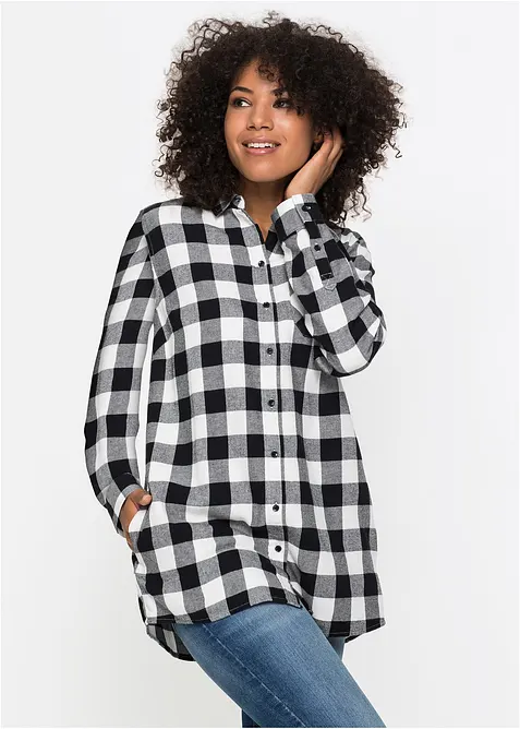 Flanell-Longbluse aus reiner Baumwolle in weiß von vorne (im Anschnitt) - bonprix