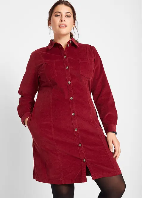 Cord-Hemdblusenkleid aus Baumwoll-Mix in rot von vorne (Totalaufnahme) - bonprix