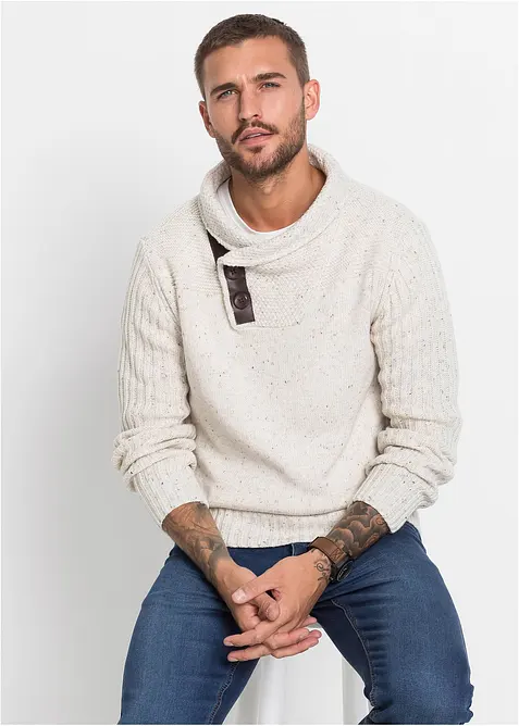 Grobstrick-Pullover mit Schalkragen in beige von vorne (im Anschnitt) - bonprix