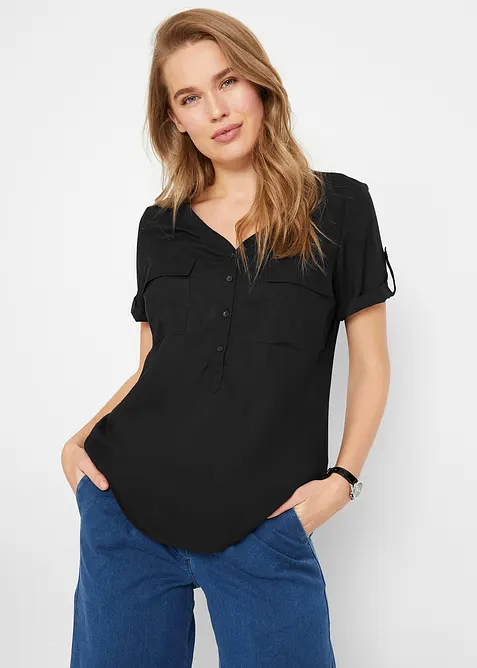 Bluse mit V-Ausschnitt, kurzarm in schwarz von vorne (im Anschnitt) - bonprix