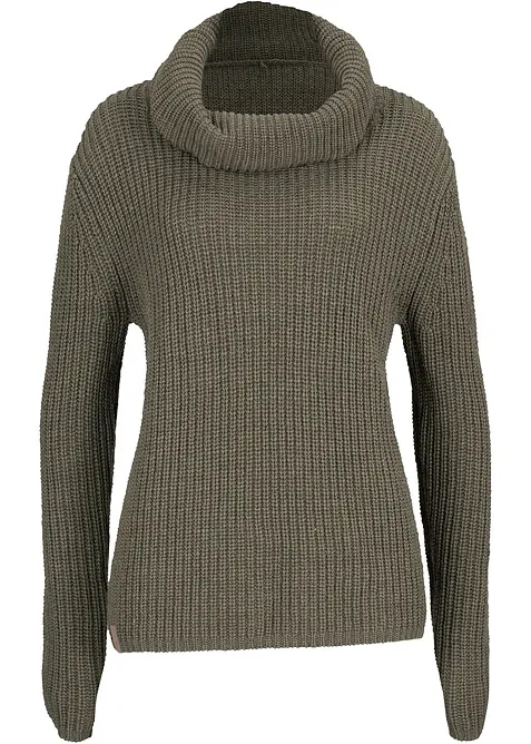 Grobstrick-Pullover mit weitem Kragen in grün von vorne - bonprix