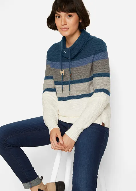 Pullover mit Schlauchkragen aus reiner Baumwolle in blau von vorne (im Anschnitt) - bonprix