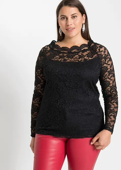 Langarmshirt mit Spitze in schwarz von vorne (im Anschnitt) - bonprix