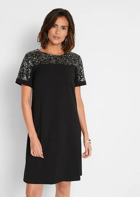 Kleid mit Pailletten-Einsatz in schwarz von vorne (Totalaufnahme) - bonprix